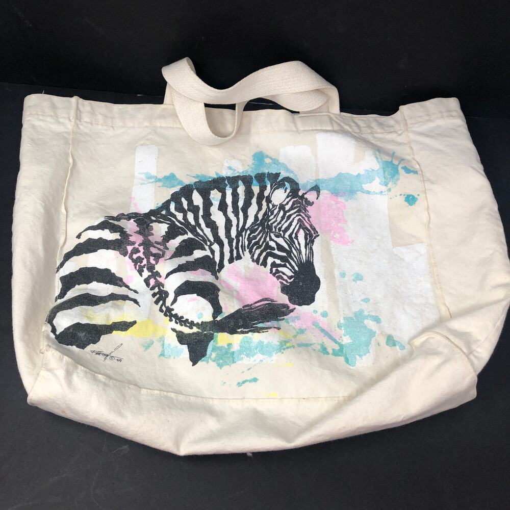 Harlequin Mills Zebra Canvas Tote‎ Bag Vintage 90s Cotton USA Retro Movie Prop